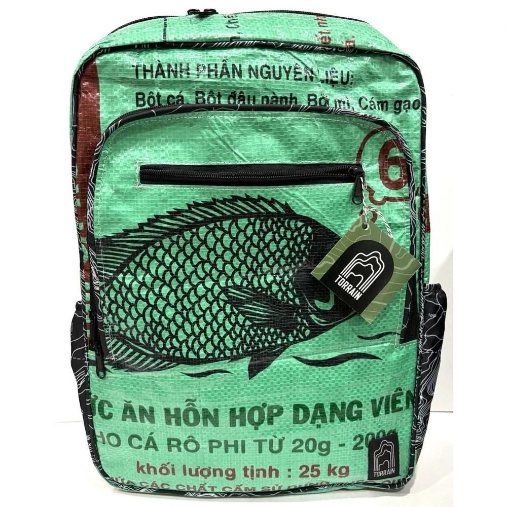 Torrain Upcycled Vietnamese Feed Sack Backpack Green Fish Print NWT